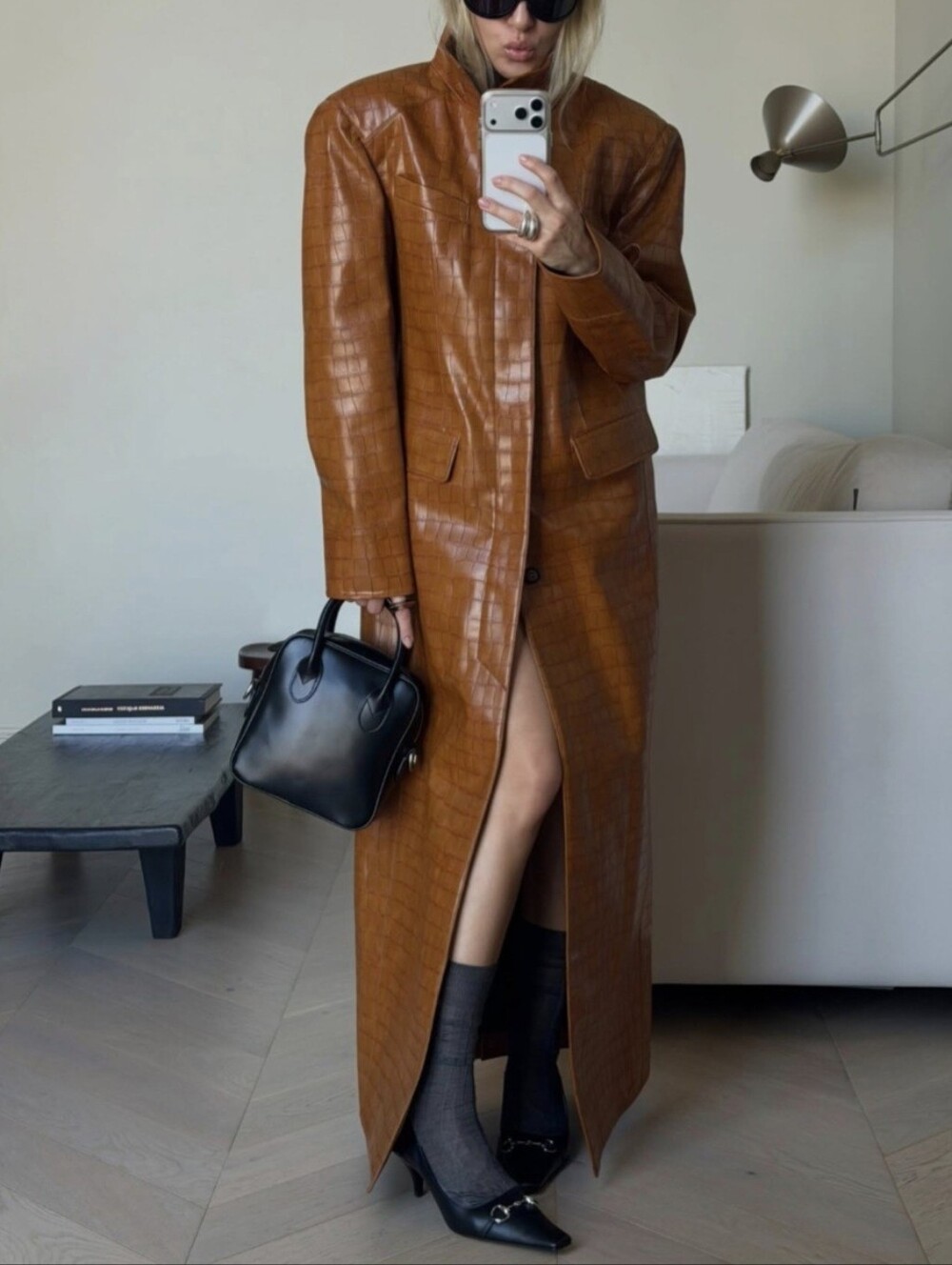Brown Croc Embossed Faux Leather Long Trench Coat Lapel Single Breasted Straight